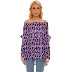 Purple Cat Off Shoulder Chiffon Pocket Shirt