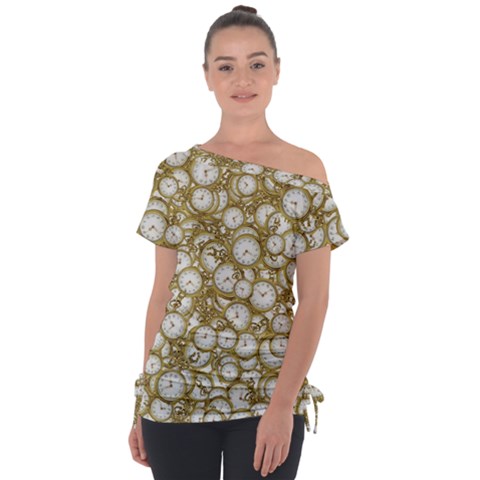 Vintage Clock Motif Pattern Off Shoulder Tie-up Tee by dflcprintsclothing