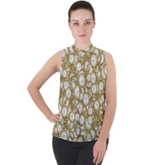 Vintage Clock Motif Pattern Mock Neck Chiffon Sleeveless Top by dflcprintsclothing