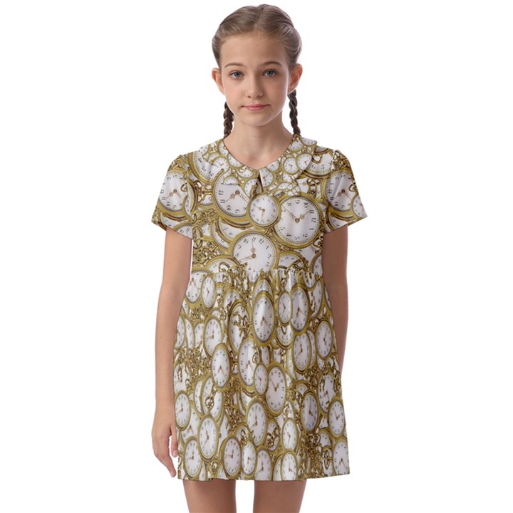 Vintage Clock Motif Pattern Kids  Asymmetric Collar Dress