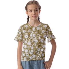 Vintage Clock Motif Pattern Kids  Cuff Sleeve Scrunch Bottom Tee