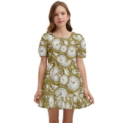 Vintage Clock Motif Pattern Kids  Short Sleeve Dolly Dress