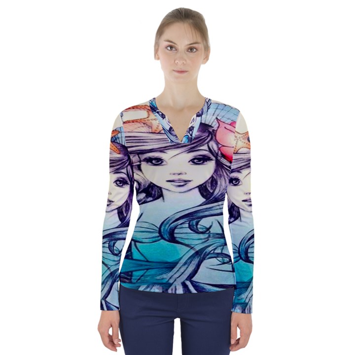 Beautifull Ariel Little Mermaid  Painting V-Neck Long Sleeve Top