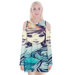 Beautifull Ariel Little Mermaid  Painting Velvet Long Sleeve Shoulder Cutout Dress by artworkshop