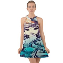 Beautifull Ariel Little Mermaid  Painting Halter Tie Back Chiffon Dress