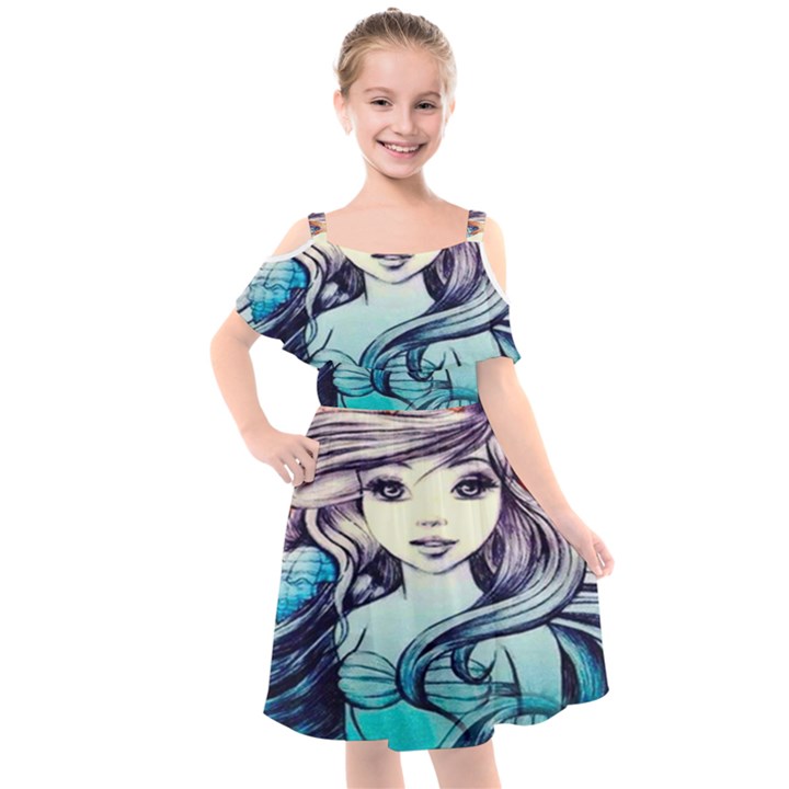 Beautifull Ariel Little Mermaid  Painting Kids  Cut Out Shoulders Chiffon Dress