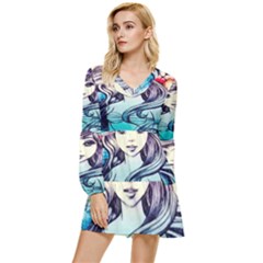 Beautifull Ariel Little Mermaid  Painting Tiered Long Sleeve Mini Dress