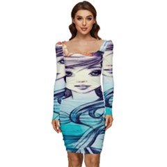 Beautifull Ariel Little Mermaid  Painting Women Long Sleeve Ruched Stretch Jersey Dress