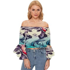 Beautifull Ariel Little Mermaid  Painting Off Shoulder Flutter Bell Sleeve Top by artworkshop