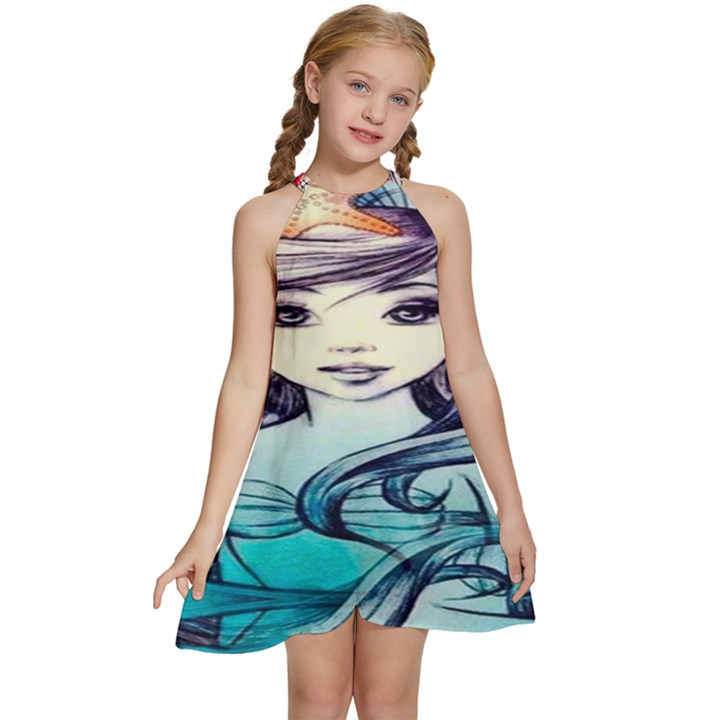 Beautifull Ariel Little Mermaid  Painting Kids  Halter Collar Waist Tie Chiffon Dress