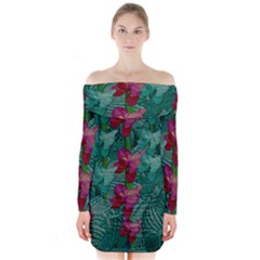 Rare Excotic Forest Of Wild Orchids Vines Blooming In The Calm Long Sleeve Off Shoulder Dress by pepitasart