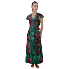 Rare Excotic Forest Of Wild Orchids Vines Blooming In The Calm Flutter Sleeve Maxi Dress by pepitasart