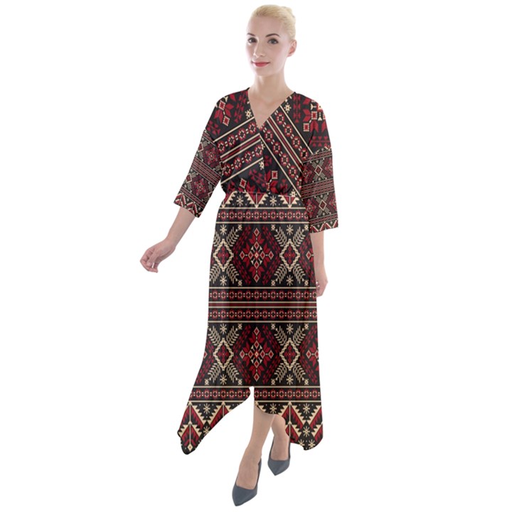 Ukrainian-folk-seamless-pattern-ornament Quarter Sleeve Wrap Front Maxi Dress