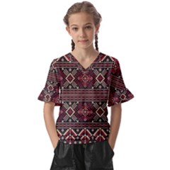 Ukrainian-folk-seamless-pattern-ornament Kids  V-neck Horn Sleeve Blouse