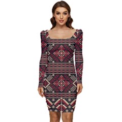 Ukrainian-folk-seamless-pattern-ornament Women Long Sleeve Ruched Stretch Jersey Dress