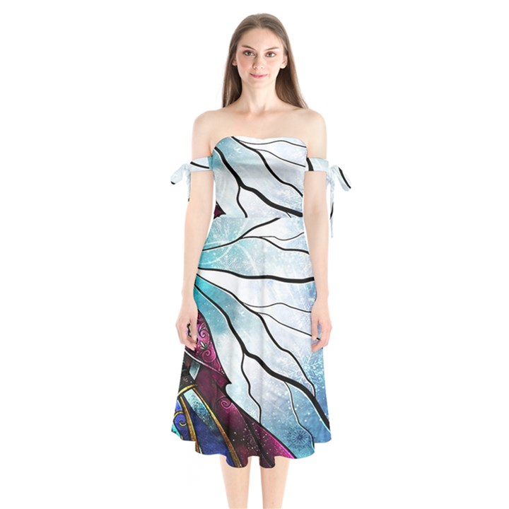 Anna Disney Frozen Stained Glass Shoulder Tie Bardot Midi Dress