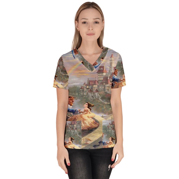 Beauty And The Beast Castle Women s V-Neck Scrub Top