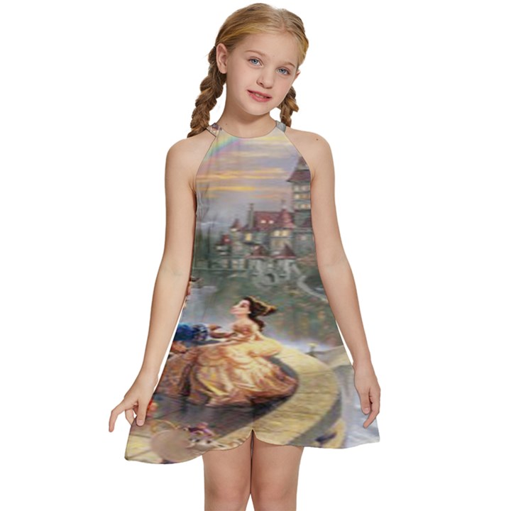 Beauty And The Beast Castle Kids  Halter Collar Waist Tie Chiffon Dress