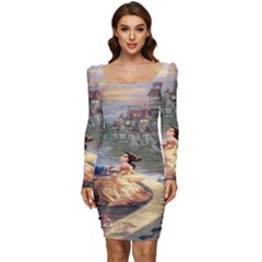 Beauty And The Beast Castle Women Long Sleeve Ruched Stretch Jersey Dress