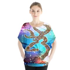 Browning Deer Glitter Galaxy Batwing Chiffon Blouse