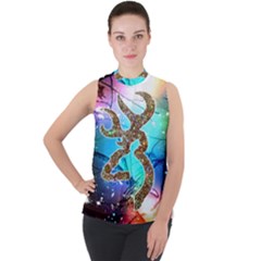 Browning Deer Glitter Galaxy Mock Neck Chiffon Sleeveless Top by artworkshop