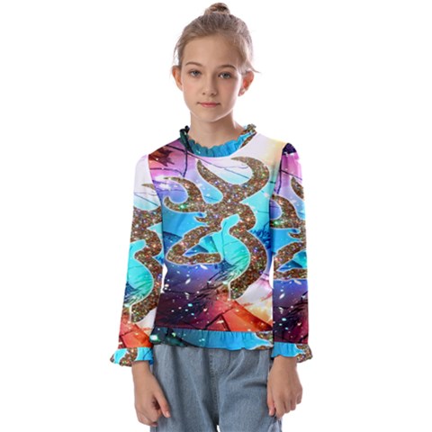 Browning Deer Glitter Galaxy Kids  Frill Detail Tee by artworkshop