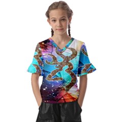 Browning Deer Glitter Galaxy Kids  V-neck Horn Sleeve Blouse by artworkshop