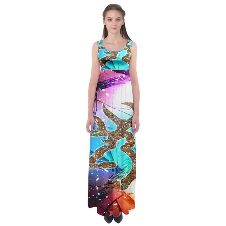 Browning Deer Glitter Galaxy Empire Waist Maxi Dress