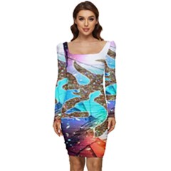 Browning Deer Glitter Galaxy Women Long Sleeve Ruched Stretch Jersey Dress