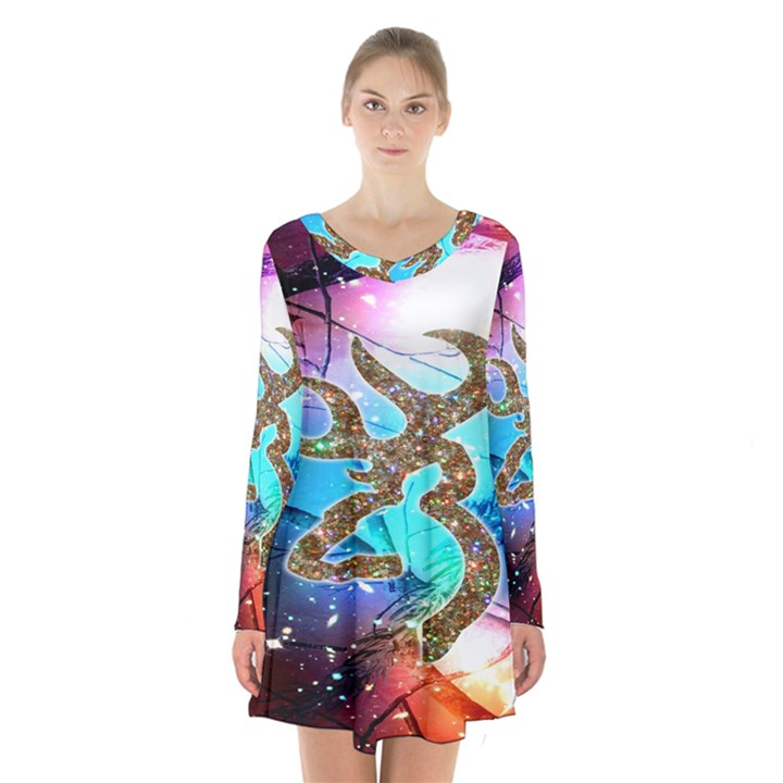 Browning Deer Glitter Galaxy Long Sleeve Velvet V-neck Dress