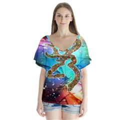 Browning Deer Glitter Galaxy V-neck Flutter Sleeve Top by artworkshop