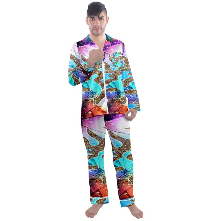 Browning Deer Glitter Galaxy Men s Long Sleeve Satin Pajamas Set