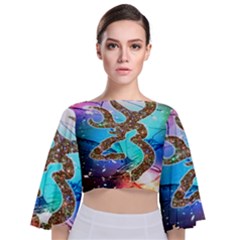 Browning Deer Glitter Galaxy Tie Back Butterfly Sleeve Chiffon Top by artworkshop