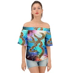 Browning Deer Glitter Galaxy Off Shoulder Short Sleeve Top by artworkshop