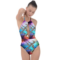 Browning Deer Glitter Galaxy Plunge Cut Halter Swimsuit by artworkshop