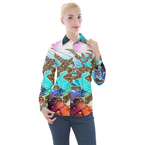 Browning Deer Glitter Galaxy Women s Long Sleeve Pocket Shirt by artworkshop