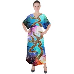 Browning Deer Glitter Galaxy V-neck Boho Style Maxi Dress by artworkshop