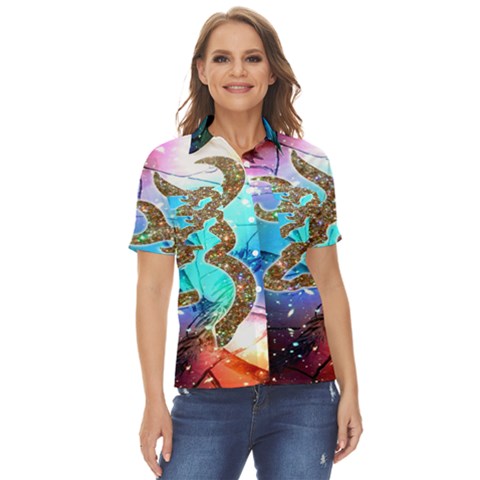 Browning Deer Glitter Galaxy Women s Short Sleeve Double Pocket Shirt by artworkshop