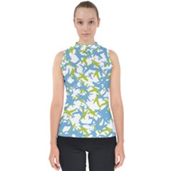 Birds Silhouette Motif Random Pattern Mock Neck Shell Top