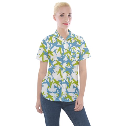 Birds Silhouette Motif Random Pattern Women s Short Sleeve Pocket Shirt by dflcprintsclothing