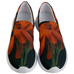 Red Geranium Over Black Background Women s Lightweight Slip Ons by dflcprintsclothing