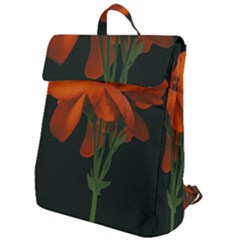 Red Geranium Over Black Background Flap Top Backpack by dflcprintsclothing