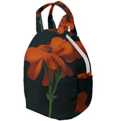 Red Geranium Over Black Background Travel Backpacks by dflcprintsclothing