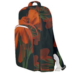 Red Geranium Over Black Background Double Compartment Backpack by dflcprintsclothing