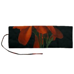 Red Geranium Over Black Background Roll Up Canvas Pencil Holder (m) by dflcprintsclothing