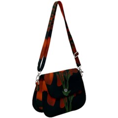 Red Geranium Over Black Background Saddle Handbag by dflcprintsclothing