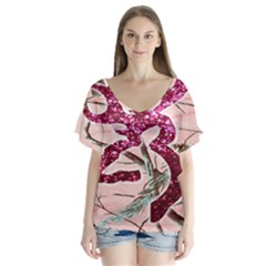 Browning Deer Glitter V-neck Flutter Sleeve Top by artworkshop