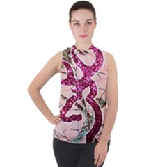 Browning Deer Glitter Mock Neck Chiffon Sleeveless Top by artworkshop