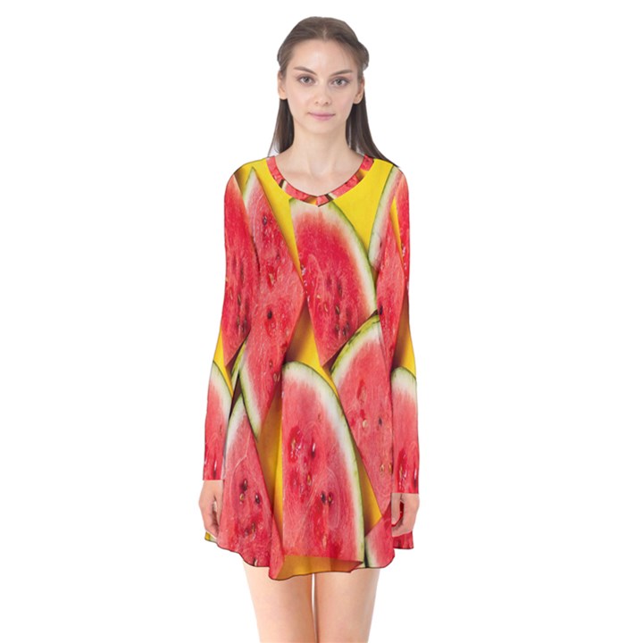 Watermelon Long Sleeve V-neck Flare Dress