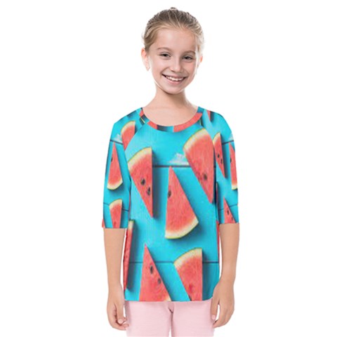 Watermelon Blue Background Kids  Quarter Sleeve Raglan Tee by artworkshop